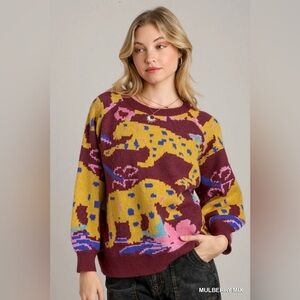 UMGEE Mulberry Women's Sweater - Burgundy and Yellow cat Pattern